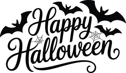 Happy Halloween Script Typography Vector with Bats and Spider Web Silhouette