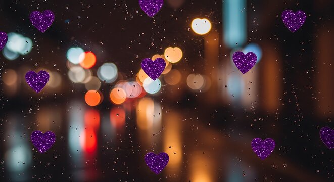 Sparkling Purple Hearts on a Rainy Window with Dreamy City Light Bokeh
