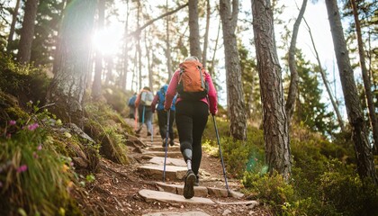 Obraz premium Hikers ascending a steep forested trail surrounded by sunlight-dappled greenery