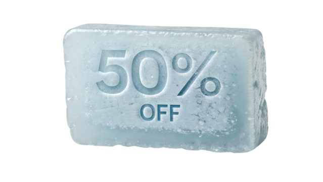 Fifty percent off ice block sale promotion discount offer limited time special savings frozen deal cool - Powered by Adobe
