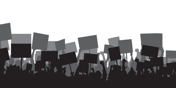 Background silhouette of a crowd of people jostling to hold up blank boards, demonstrating in a large crowd. Suitable for background demonstrations and news of riots.