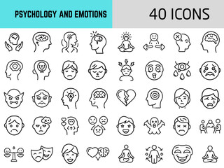 Set of 40 icons representing psychology and emotions in minimal style  