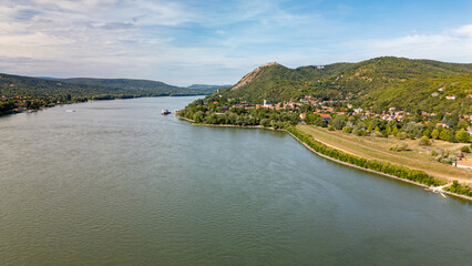 Aerial view of Visegrad castle in Hungary, next to Danube river in Danube bend