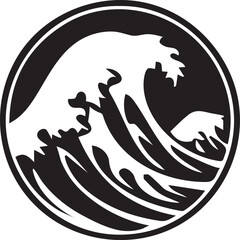 Monochromatic Circular Emblem of a Powerful Ocean Wave Breaking with Force and Splendor Black and White Graphic Design