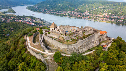 Aerial view of Visegrad castle in Hungary, next to Danube river in Danube bend