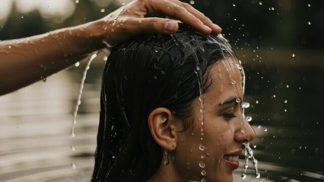 Woman receiving a baptism in water. Christian ritual of faith and rebirth. Spiritual cleansing and new beginning. Religious ceremony footage.