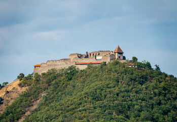 Aerial view of Visegrad castle in Hungary, next to Danube river in Danube bend