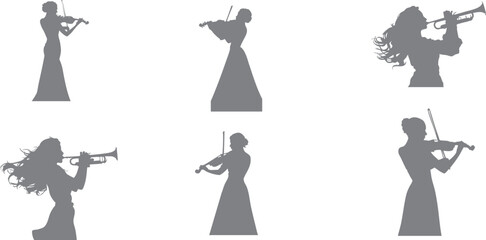 Silhouette of a girl wearing an elegant dress, standing professionally playing the violin. Suitable for music concert elements, banners, social media and books, flyers and concert ticket leaflets.