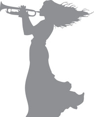Silhouette of a girl with a saxophone wearing a beautiful dress, standing professionally playing the instrument. Suitable for music concert elements, banners, social media and books, flyers and concer