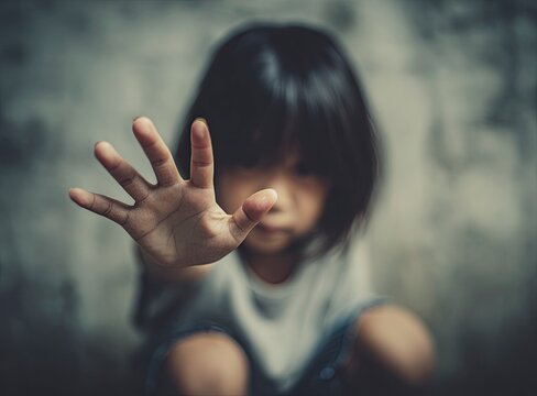 A close-up of an Asian child's hand reaching out to stop the attack, sitting on their knees with a blurred background and soft lighting. The focus is centered around the hands, 