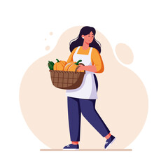 Woman walking with vegetable basket in apron on white