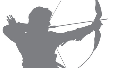 Vector silhouette of an archer drawing a bow with full concentration, precise body position, balanced legs apart, strong arms resisting the pull, ideal for sports flyer design elements, archery books,
