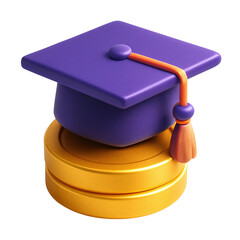 Stylized 3D Rendered Icon of purple graduation cap with an orange tassel resting on a stack of shiny gold coins.