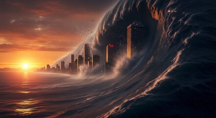 Massive tidal wave engulfs cityscape at sunset powerful illustration of natural disaster