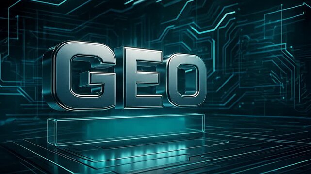 Bold 3d geo text on over glowing circuits and grid pattern in sleek dark scene, tech innovation, ai strategy, search intelligence