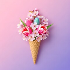 Colorful Flower Bouquet with Tulips and Cherry Blossoms in Cone on Pastel Pink and Purple Background