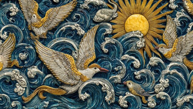 Ornate relief carving of birds and waves.