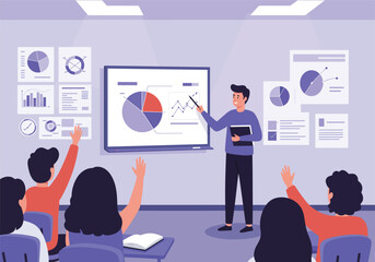A male presenter explains data charts and graphs to an engaged audience in a modern seminar.