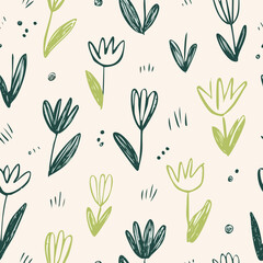 Seamless Hand-Drawn Floral and Leaf Pattern in Crayon Style