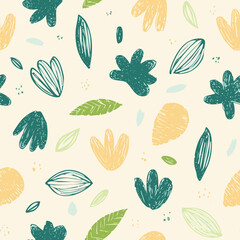 Seamless Hand-Drawn Floral and Leaf Pattern in Crayon Style