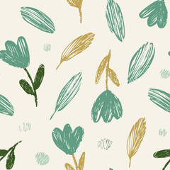 Seamless Hand-Drawn Floral and Leaf Pattern in Crayon Style