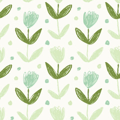 Seamless Hand-Drawn Floral and Leaf Pattern in Crayon Style