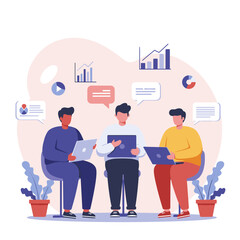 Three men working on laptops with data charts and speech bubbles