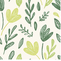 Seamless Hand-Drawn Floral and Leaf Pattern in Crayon Style