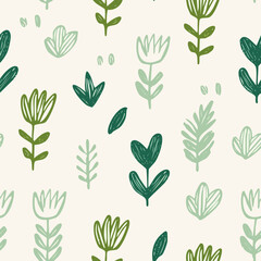 Seamless Hand-Drawn Floral and Leaf Pattern in Crayon Style