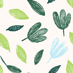 Seamless Hand-Drawn Floral and Leaf Pattern in Crayon Style