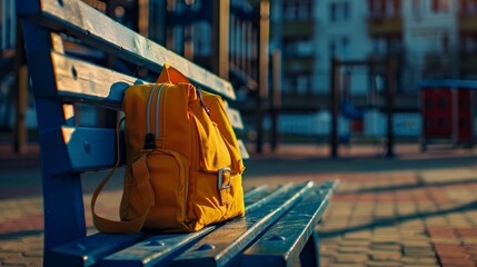 A photo of a school bag on a playground bench
