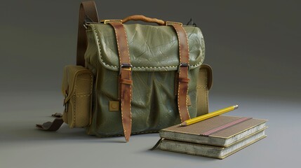 A photo of a school bag with a book and a pencil