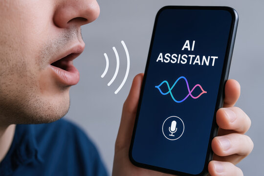AI assistant on smartphone screen with man speaking voice command in energy trading technology concept - Powered by Adobe