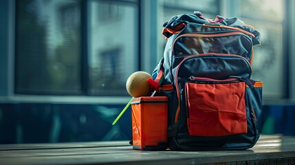 A photo of a school bag with a lunchbox.