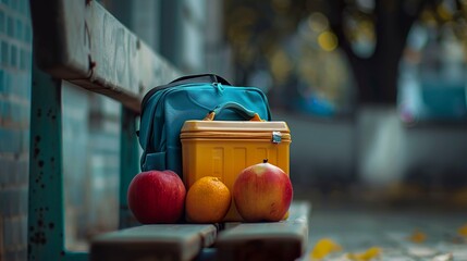 A photo of a school bag with a lunchbox.