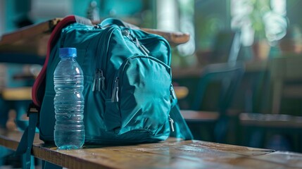 A photo of a school bag with a sports water bottle