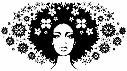 Silhouette of a woman with afro hairstyle adorned with flowers and surrounded by floral elements design | editable eps vectors