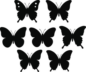 Butterfly and Children Silhouettes Vector Set – Black Silhouettes of Butterflies and Boys and Girls in Various Poses Like Walking, Reading, Exploring, and Traveling – Perfect for Nature Themes, Kids E