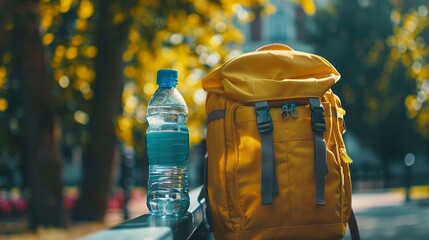 A photo of a school bag with a sports water bottle