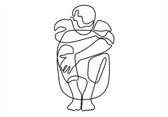 Embrace of Loneliness.  Single Continuous line drawing of Depressed teenager Sad young boy. Bad mood, Unhappy , sorrow, melancholy, negative emotions concept. Worried people concept