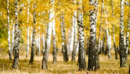 Obraz premium birch forest in autumn inside the planting of yellowed trees