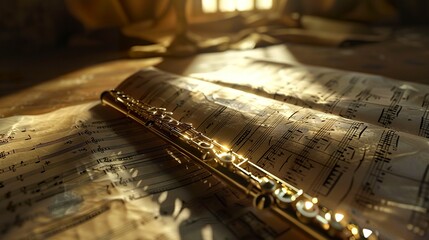 A photo of a flute on sheet music