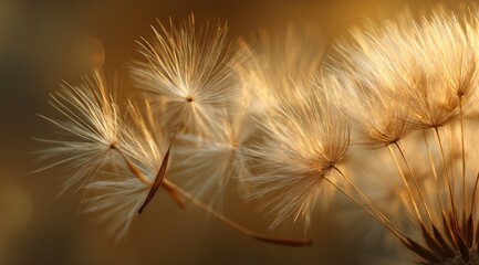 Naklejka premium Close-up of dandelion seeds, golden light