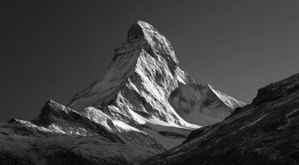 Black and white mountain peak, snow-capped, dramatic light