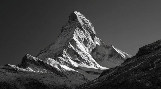 Black and white mountain peak, snow-capped, dramatic light - Powered by Adobe