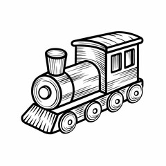 Monochrome line sketch of a small toy train engine with chimney and wheels, symbolizing childhood, imagination, and classic wooden toys

