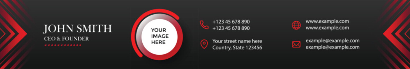 Stylish dark business contact card with red accents, name, and job title