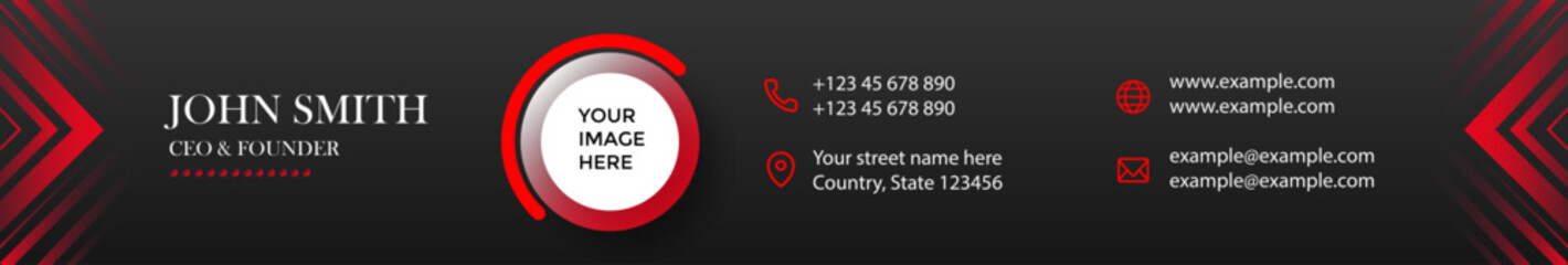 Stylish dark business contact card with red accents, name, and job title