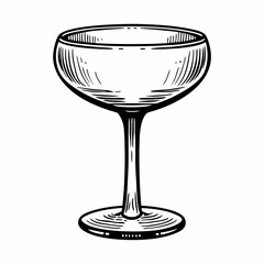 Classic champagne coupe with shallow bowl and short stem illustrated in monochrome line style, representing celebration, elegance, and vintage drinkware
