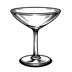 Monochrome sketch of a classic champagne coupe with shallow bowl and elegant stem, symbolizing celebration, style, and festive drink presentation
